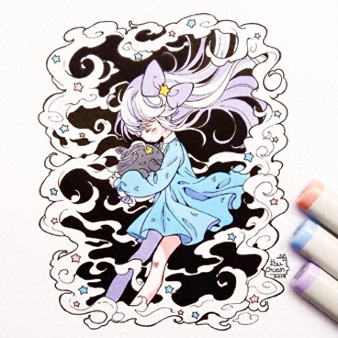 可爱的形象，好看的色彩，一组超萌的马克笔卡通少女手绘