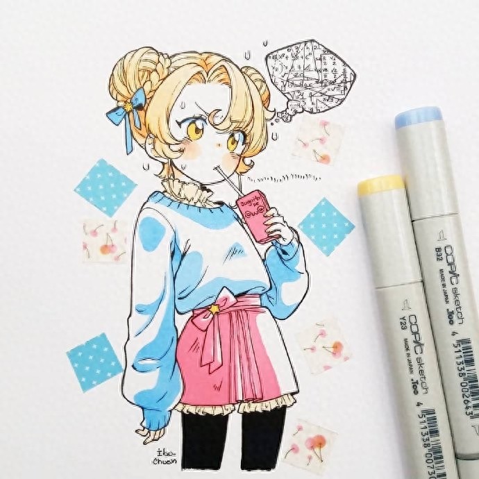 可爱的形象，好看的色彩，一组超萌的马克笔卡通少女手绘